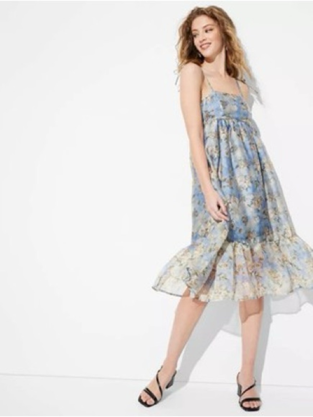 wild fable Blue Floral Ruffled-Hem Midi Dress